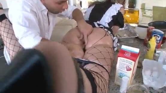 Sexy maid gets anal with food and facial