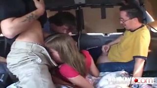 Haley paige fucks and sucks two guys in a van